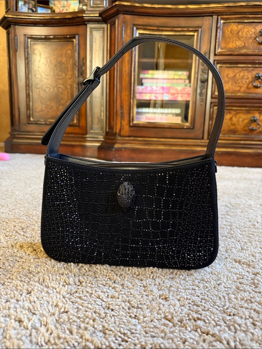 Kurt Geiger Black Crystal-Embellished Shoulder Bag with Jeweled Clasp